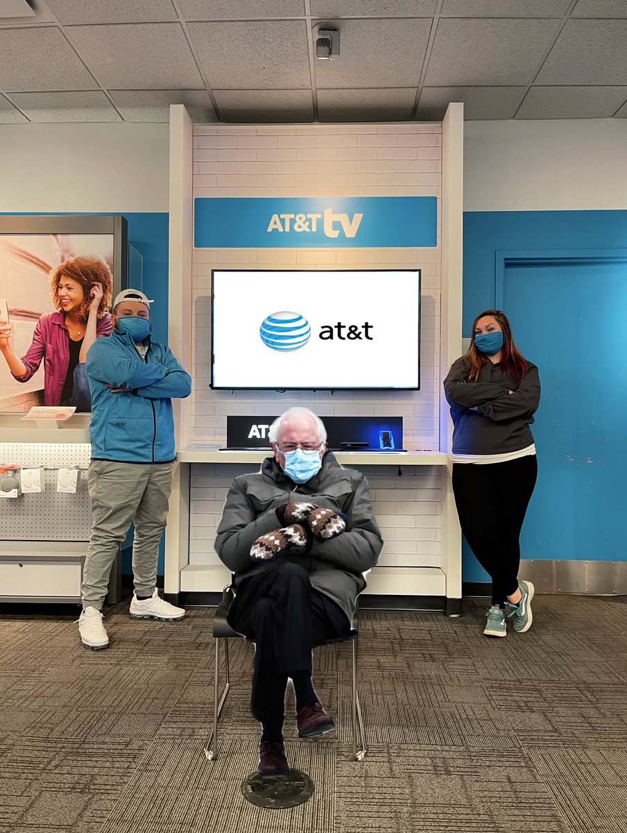 RSMandrew's tweet photo. Bernie loved our new promotions on AT&amp;T TV and Internet and so will you! Check out your local AT&amp;T store to see what the hypes about! #Berniememes #berniesitting #fiber #primecom https://t.co/bHyczYoQ26