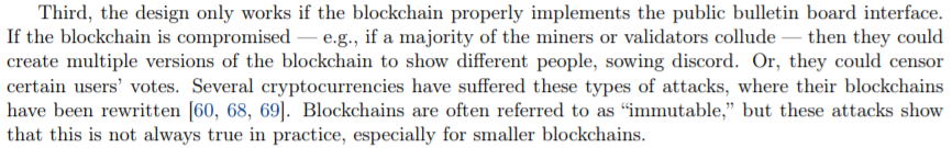 3. "If the blockchain is compromised — e.g., if a majority of the miners or validators collude — then they couldcreate multiple versions of the blockchain to show different people, sowing discord."Again, with larger blockchains this is no longer a worry.Thread 9/15