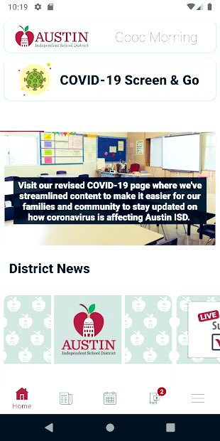 Free Austin ISD Mobile App The one place to get real-time @AustinISD district news. Helpful tools include COVID-19 Screen and Go, an efficient self-screening process for users to complete before leaving home for work or school. Visit: austinisd.org/press-releases…