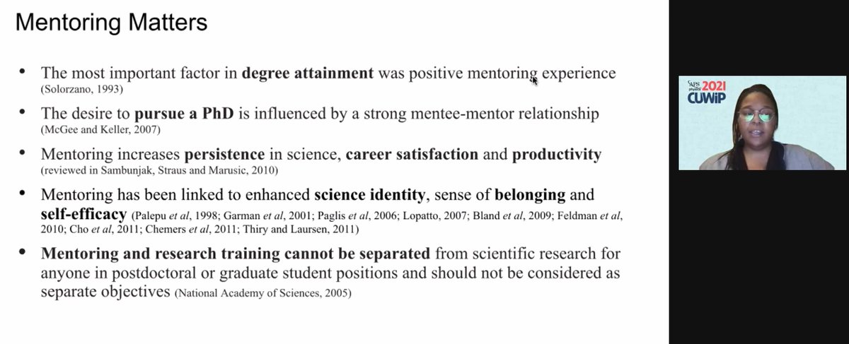 Great talk by Dr. Simone Hyater-Adams on navigating mentoring relationships (both for mentors and mentees) and the science on its importance! #CUWIP2021 #APSCUWIP #CUWIP