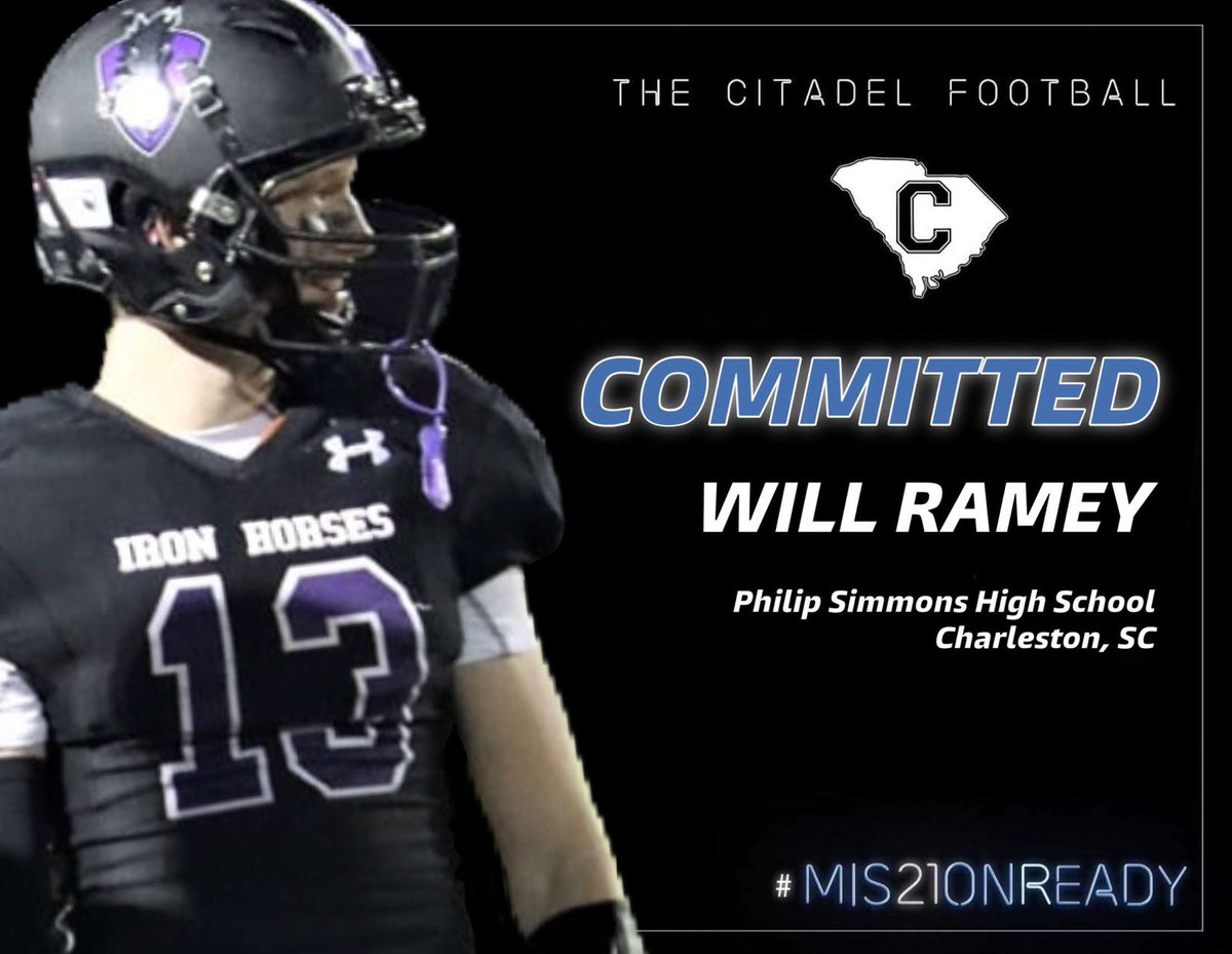 WillRamey7's tweet photo. I am very excited to announce that I will be furthering my athletic and academic career at The Citadel. I want to thank my Coaches, my Family and all my Friends that have helped me get to this point. #MIS21ONREADY# https://t.co/XWY5wZUzdn