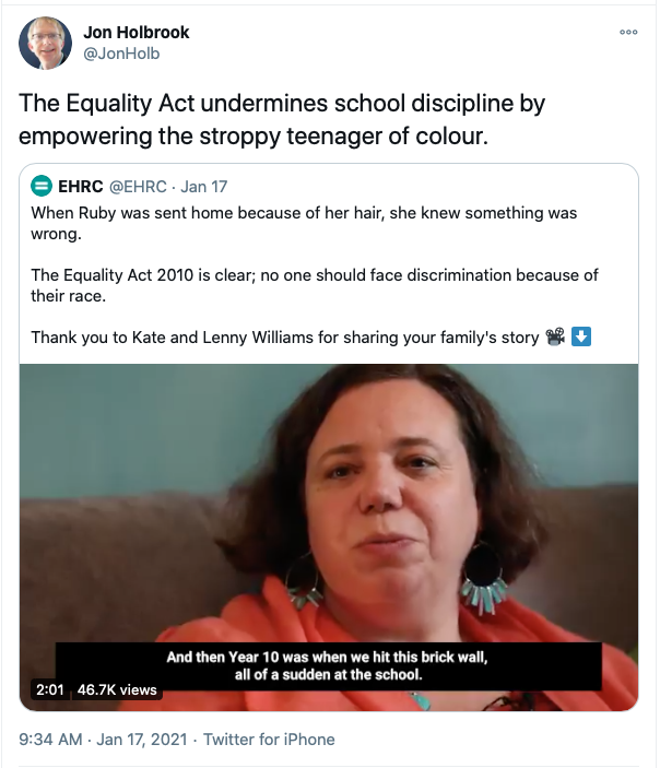  @cornerstonebarr condemn their colleague's tweet: "The Equality Act undermines school discipline by empowering the stroppy teenager of colour"barrister & Spiked columnist Jon Holbrook has called for a Trump-like "movement" in the UK. . .brief selection from his TL THREAD 1/  https://twitter.com/cornerstonebarr/status/1353018708034256903