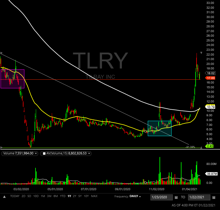 the_Faded1's tweet photo. $TLRY - found an old Support Level @ 17.00. Still waiting to hear additional legalization news from multiple states including NYC, Arizona &amp; North Dakota. 24.00 Price target for a combined $6B+ valuation after $TLRY / $APHA merger which is still set for Q2 2021. #StocksToWatch 💨 https://t.co/qOICptKZer