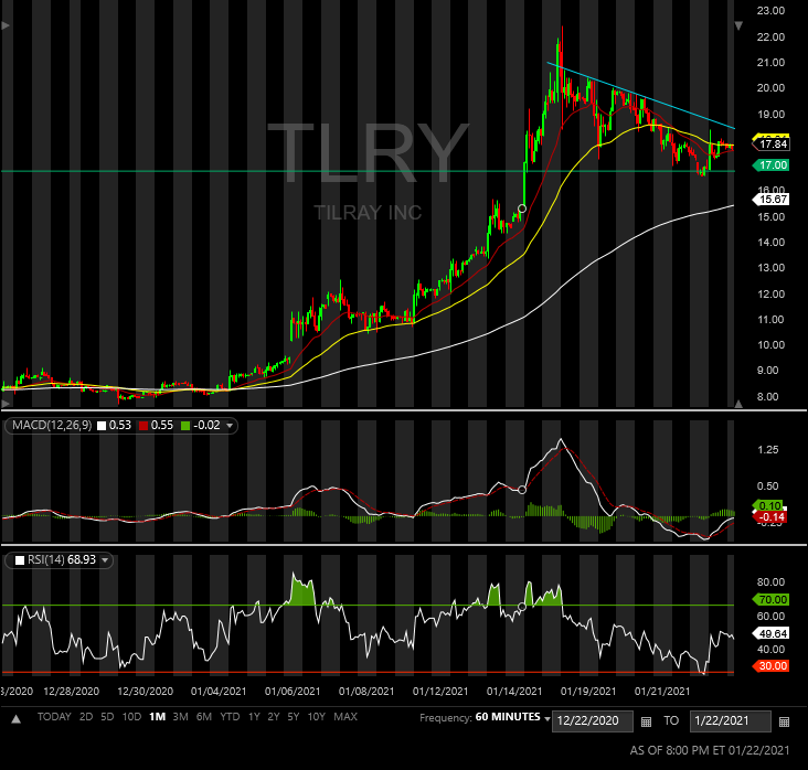 the_Faded1's tweet photo. $TLRY - found an old Support Level @ 17.00. Still waiting to hear additional legalization news from multiple states including NYC, Arizona &amp; North Dakota. 24.00 Price target for a combined $6B+ valuation after $TLRY / $APHA merger which is still set for Q2 2021. #StocksToWatch 💨 https://t.co/qOICptKZer