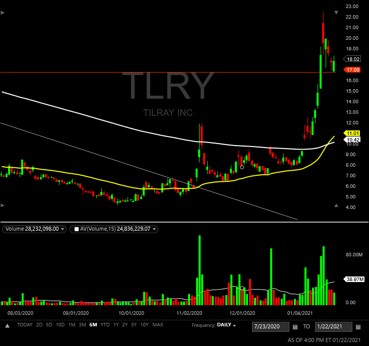 the_Faded1's tweet photo. $TLRY - found an old Support Level @ 17.00. Still waiting to hear additional legalization news from multiple states including NYC, Arizona &amp; North Dakota. 24.00 Price target for a combined $6B+ valuation after $TLRY / $APHA merger which is still set for Q2 2021. #StocksToWatch 💨 https://t.co/qOICptKZer