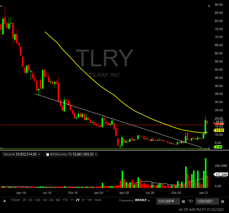 the_Faded1's tweet photo. $TLRY - found an old Support Level @ 17.00. Still waiting to hear additional legalization news from multiple states including NYC, Arizona &amp; North Dakota. 24.00 Price target for a combined $6B+ valuation after $TLRY / $APHA merger which is still set for Q2 2021. #StocksToWatch 💨 https://t.co/qOICptKZer