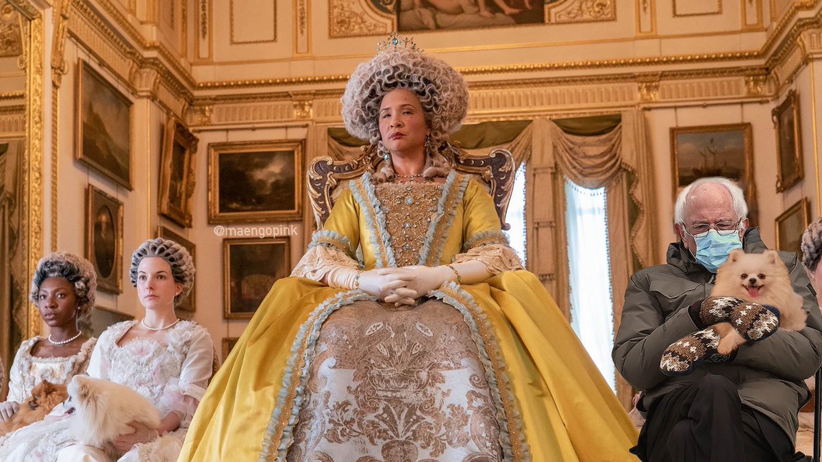 maengopink's tweet photo. “I wish to be entertained.” - Queen Charlotte in Bridgerton 👑 #BernieSandersMittensMeme #Bridgerton #Berniememes #BernieSandersMittens #BernieSanders #fluffydoggie https://t.co/xOQDbXtuIN