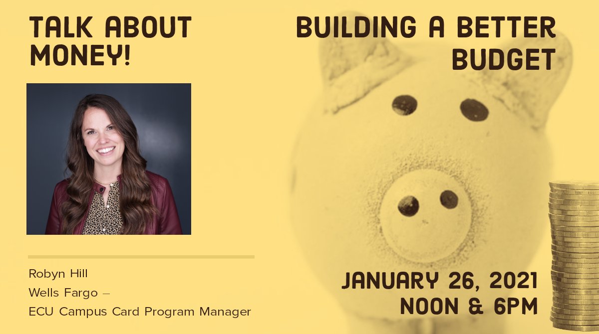 👉 Always running short? #ECU 1 Card-Wells Fargo Rep Robyn Hill presents "Building a Better Budget." Tues, Jan 26. Zoom in for conversation &amp; learn tips to keep more 💲 in your pocket! 
12-1pm: engage.ecu.edu/event/6639822
6-7pm:  engage.ecu.edu/event/6639823
#ECU24 #ECU23 #ECU22 #ECU21