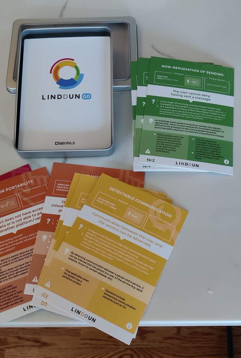izar_t's tweet photo. Mail today brought this great card set for LINDDUN GO! Thanks to @Wuytski and team for another great threat modeling tool and methodology! #ThreatModeling #privacy #linddun https://t.co/bh3EO0DcsO