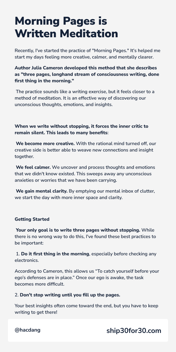 hacdang's tweet photo. Doing Morning Pages feels like I'm clearing my mental inbox of spam to start the day. Highly recommended!

#ship30for30 https://t.co/Uip6giqhHo