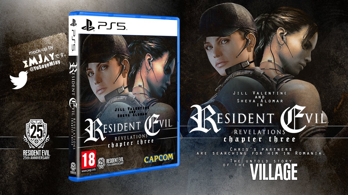 YoSoyeMJay's tweet photo. My idea for the Resident Evil 25th Anniversary. Resident Evil Revelations 3 with Jill Valentine and Sheva Alomar as a new unknown chapter of the RE Village. Chris Redfield somewhere in Romania? Two his partners team up to find him. #ResidentEvil #PS5BoxArt #MockUp https://t.co/KsE2Z7GZOd