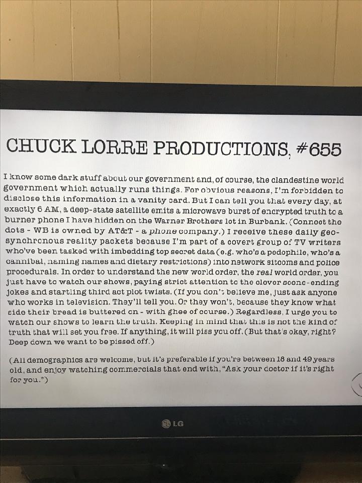 freemantv's tweet photo. BREAKING - Chuck Lorre shares that he is part of a group of TV writers that receive reality packets to imbed top secret data of pedophiles and cannibals into shows like Young Sheldon. This was the vanity card shown at the end of the show.
#pedophelia #Hollywood https://t.co/qqJKL60T4E