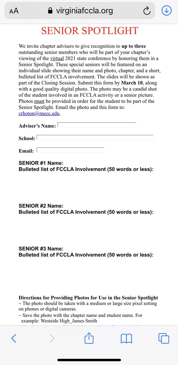 virginiafccla's tweet photo. VA #FCCLA chapter advisers are invited to recognize to up to three outstanding senior @NationalFCCLA members who will be part of your chapter’s viewing of the 2021 #VAFCCLA Virtual State Leadership and Recognition Conference by honoring them in a #vSLRC Senior Spotlight. #CTSO 🌟 https://t.co/OaH4GR3aMF