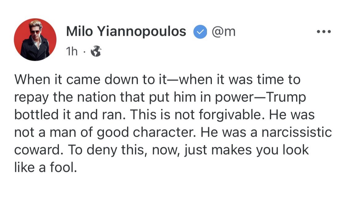 patriottakes's tweet photo. Milo says some dumb stuff, but when it comes to Trump... https://t.co/WQIUGhQu5w