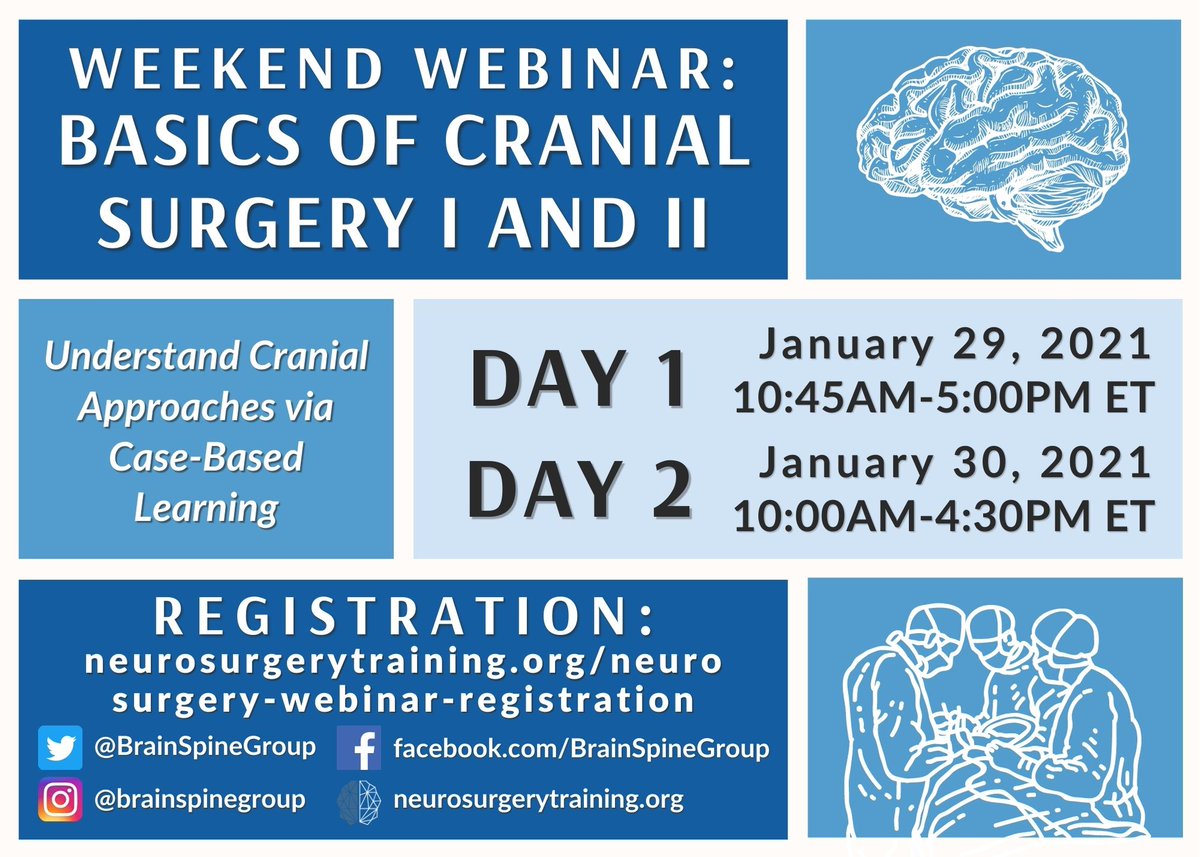 BrainSpineGroup's tweet photo. Sign up today for the two-day weekend webinar series on the BASICS OF CRANIAL SURGERY! The webinar will feature distinguished neurosurgical leaders including Drs. Alexander Evins, Antonio Bernardo, @DoctorZada, and @SimonHanft. #neurosurgeryedu 

Register: https://t.co/IxsjaXZuFI https://t.co/bY5vTk89zZ