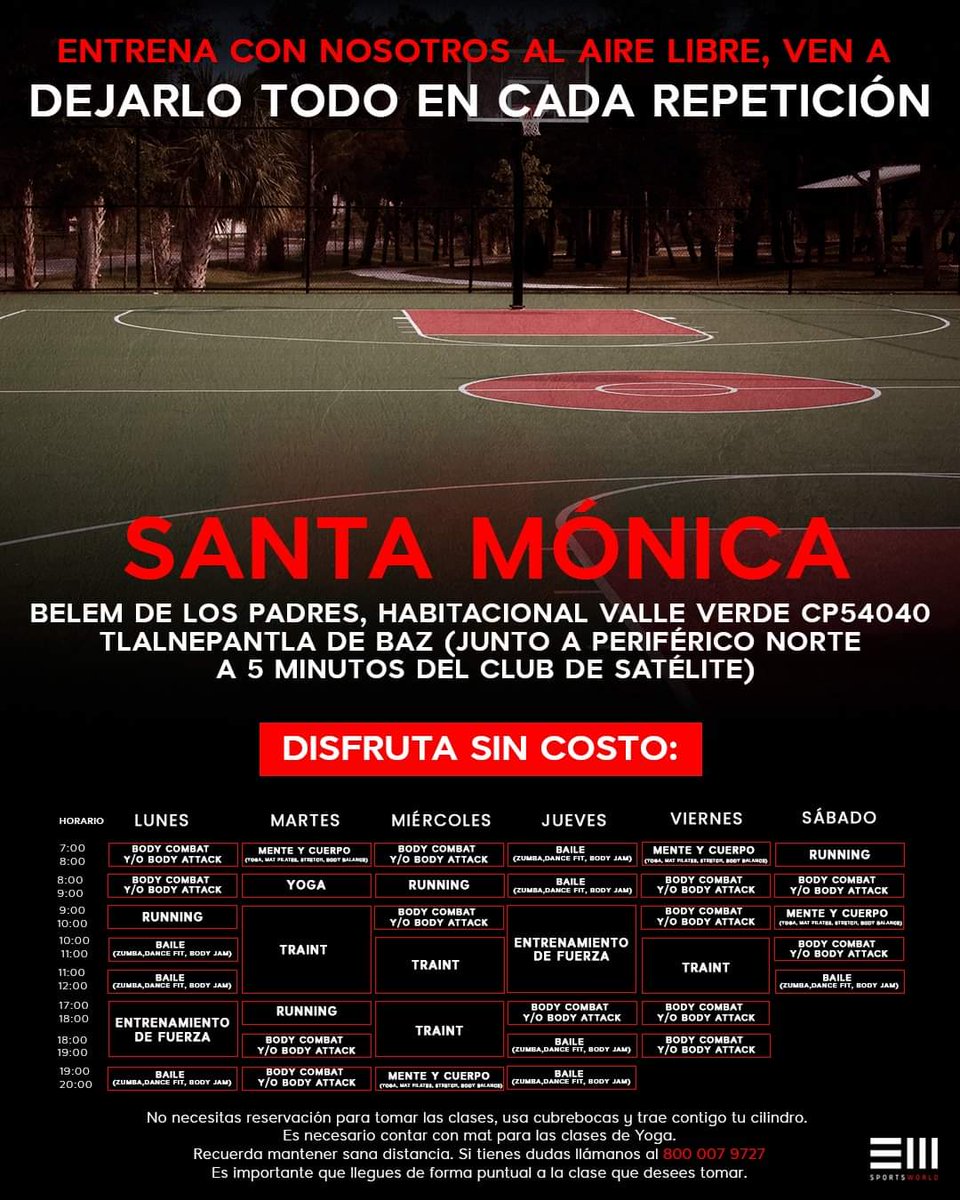 SportsWorldMex's tweet photo. ¡Tu actividad física es importante para nosotros!
Ampliamos nuestra oferta de clases al aire libre para que vengas a entrenar y a dar tu máximo esfuerzo en cada repetición.
Conoce las ubicaciones aquí: https://t.co/h2uaIazsR7 https://t.co/ygHxTzi0Gb