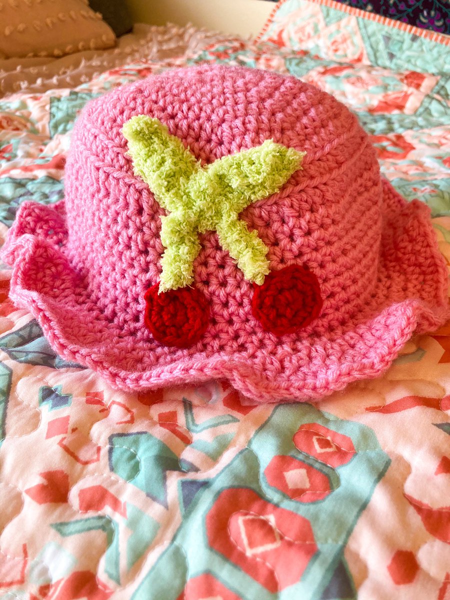 emilycrochets's tweet photo. custom cherry hat. btw i’m having a shop update feb 1st with those heart bags u guys loved💖 okay love u bye https://t.co/lPFOew4OjW