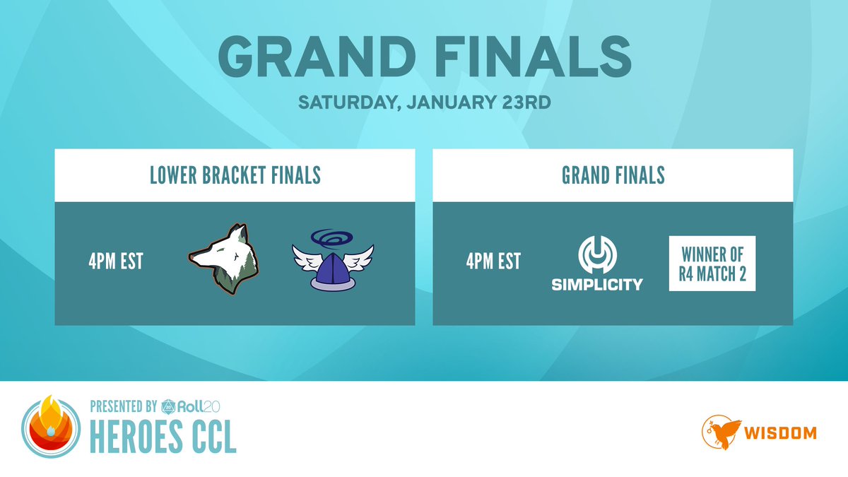The Lower Bracket Finals with <a href="/WildHeartEsport/">WildHeart Esports</a> and <a href="/CrowdControlCCL/">CrowdControlESportsGaming</a> are up first today.

Whoever wins will move on to face <a href="/GGSimplicity/">Simplicity Esports</a> in the Grand Finals of the #HeroesCCL presented by <a href="/roll20app/">Roll20</a>!

Don't miss the special half-time show! 👀

SOON™!

🔴Twitch.tv/HeroesHearth