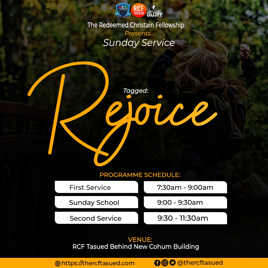 thercftasued's tweet photo. Join us for a live changing service tomorrow @thercftasued

First Service: 7:30am - 9:00am
Sunday School: 9:00am - 9:30am
Second Service: 9:30am - 11:30am

Don't miss out, Invite a friend!
#rejoice
#thercftasued https://t.co/boz3wu252m