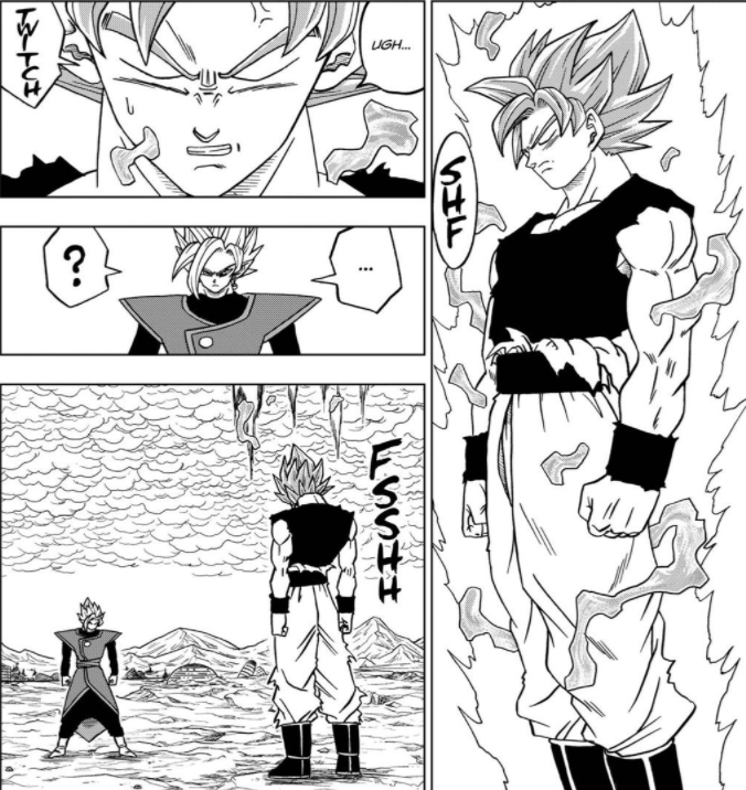 Completed Blue: By compressing his aura into his body, Goku is able to prevent his ki from leaking out, reducing his stamina and power drain to null. At first, he struggles to use this properly against Merged Zamasu, and risks blowing up his body from the pressure. —
