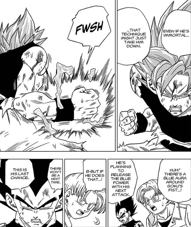 — In the ToP Arc onwards, however, Goku and Vegeta use this form casually with no apparent drawbacks. Blue’s aura can also be channeled into attacks to power them up, which is how Goku mimics the Hakai.Gogeta also uses this form.