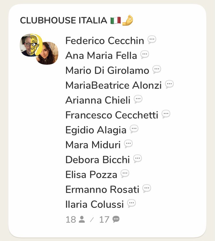 Anche oggi tanta bella gente all’aperitivo di #ClubhouseItalia, la più grande community italiana lanciata da <a href="/martabassof/">martabasso.eth</a>, <a href="/federicocecchin/">Federico Cecchin⚡️</a> e <a href="/Churra/">Churra</a>.

Se siete già su <a href="/joinClubhouse/">Follow @Clubhouse</a> passate a trovarci domani, sempre alle 19 ✌🏻