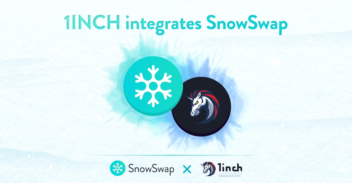 snow_swap's tweet photo. 1inch partners with SnowSwap ☃️

We’re happy to announce that @1inchExchange will integrate SnowSwap allowing you to get access to yVault Curve &amp; USD, wrapped BTC &amp; ETH2 pools directly on 1inch routing via SnowSwap ❄️

Happy swapping! https://t.co/UKUDjoEUah