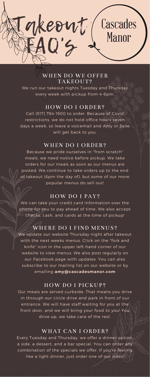 cascadesmanor's tweet photo. We love offering takeout for our awesome customers! It’s here to stay for at least a while so we thought we’d put together a list of frequently asked questions. Drop any other questions below!👇

#jacksonmi #smallbusiness #eatlocal #takeout #localbusiness #localfood #localtakeout https://t.co/OJlfAN4MmQ