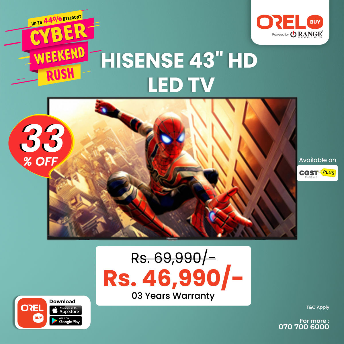 OrelBuy's tweet photo. CYBER WEEKEND RUSH! 33% discount on HiSense 43" HD LED TV - no only Rs. 46,990 from the Cost Plus Store on OrelBuy - with 03 years warranty.
Offer valid until stocks last

📱 Download the app 👉 https://t.co/cO4TpKnE7F https://t.co/NU0pYhFhQ8