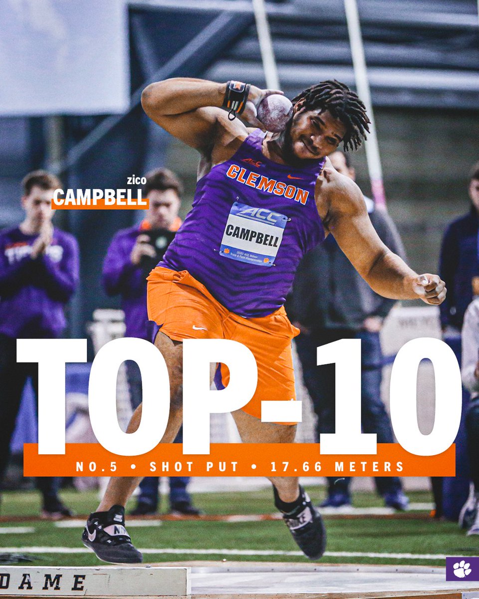 ClemsonTrackXC's tweet photo. 🚨 𝐓𝐎𝐏-𝟏𝟎 𝐌𝐀𝐑𝐊 🚨
Zico Campbell tosses the shot put 17.66 meters to break the 17-meter barrier for the first time in his career!
#ClemsonTrackXC 🧡💜 https://t.co/BCXsni116w