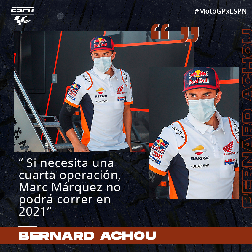 MotoGP_ESPN's tweet photo. #MotoGPxESPN El doctor Bernard #Achou espera que Marc #Márquez no necesite otra operación, porque de ser así, el español deberá perderse otra temporada. 🙏🤞 https://t.co/RGv8TnOaai