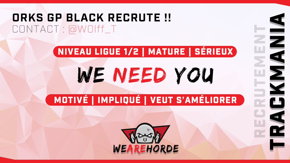 orKsGP's tweet photo. 📢RECRUTEMENT TRACKMANIA 🏎️

Les orKsGP Black lancent leur recrutement pour construire une line up compétitive qui joue actuellement en Ligue 2 mais qui veut passer en Ligue 1 ! 🙌

Tous les informations sont dessous ! ⬇️👀

📨Discord : Wolff#8043, Twitter : @W0lff_T https://t.co/WTA3aPf8oA
