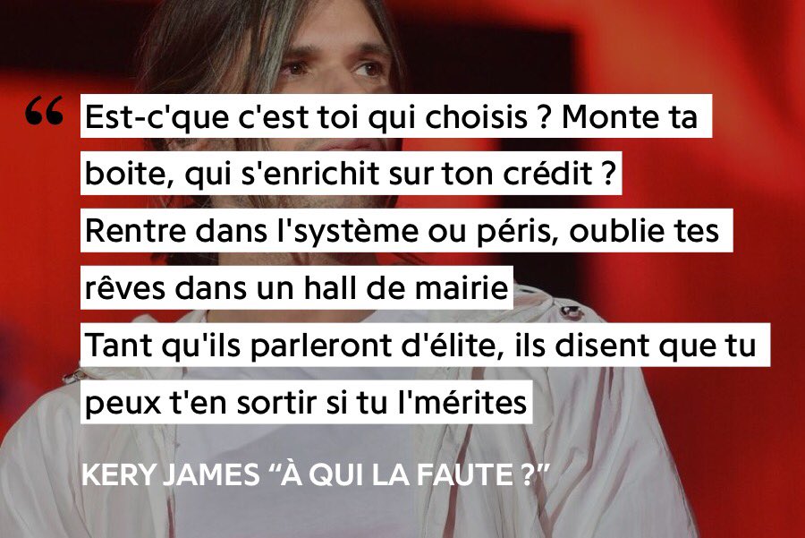 Si Kery prône ensuite l’entreprenariat dans les banlieues, Orelsan lui rétorque que le but de l’état sera toujours de faire de l’argent sur leurs dos et de laisser une grande majorité d’entre eux dans la misère sociale.