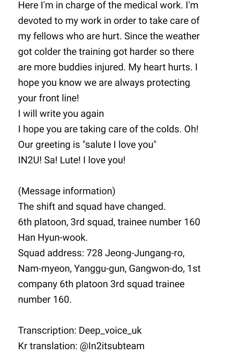 in2itsubteam's tweet photo. [ENG]
Hyunuk fancafe letter from military service. 21/01/22
To IN2U.

PS. Sorry for the inaccuracies/typos https://t.co/X2pSUsYBno