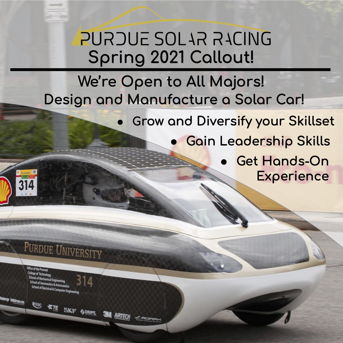 PurdueSolar's tweet image. Purdue Solar Racing is starting off 2021 with our Spring Callout! We’ll be hosting it virtually via Webex at 7:00 pm on February 3rd. If you’re interested in the club, the Webex link is purdue.webex.com/purdue/j.php?M…! Hope to see you all there!