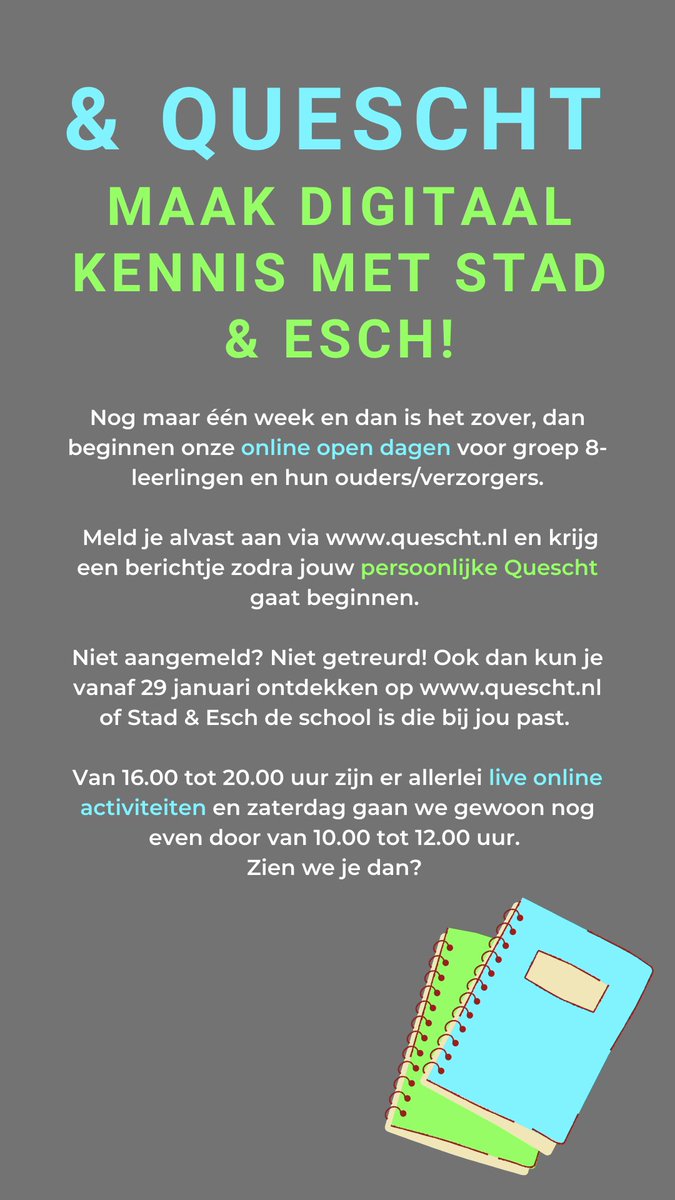&amp; Quescht. Maak digitaal kennis met Stad &amp; Esch! Vanaf 29 januari kun je ontdekken op quescht.nl of Stad &amp; Esch de school is die bij jou past. Zien we je dan?