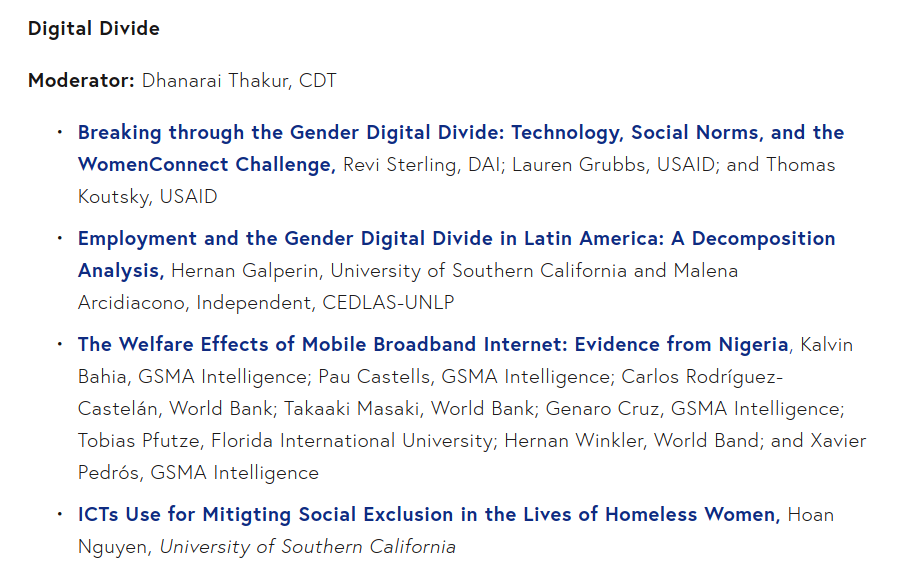 thakurdhanaraj's tweet photo. Really looking forward to moderating this panel at #TPRC48 featuring great scholarship on #DigitalDivide #gendergap #Broadband by @ReviSterling, @hernangalperin, Kalvin Bahia from @GSMAi, Hoan Nguyen, and others.
Come join us! https://t.co/pkqG0A4VcM https://t.co/2KNAZvsHva