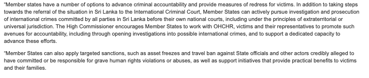 leaked UN report purportedly tells members states they can refer  #lka to ICC, bring UJ cases, apply sanctions & support dedicated ‘capacity’ to advance cases.