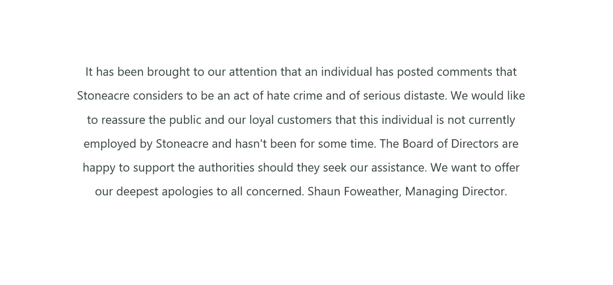 StoneacreLease's tweet photo. It has been brought to our attention that an individual has posted comments that Stoneacre considers to be an act of hate crime and of serious distaste. We would like to reassure the public and our loyal customers that this individual is not currently employed by Stoneacre [1/2] https://t.co/MufaRf4LSx
