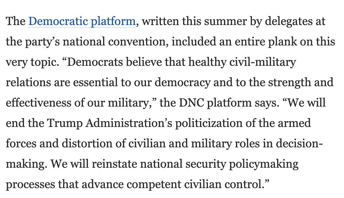  #Democrats will end the Trump Administration’s politicization of the armed forces and distortion of civilian and military roles in decision-making. 3/7 #CivilMitaryRelations  #DemPartyPlatform