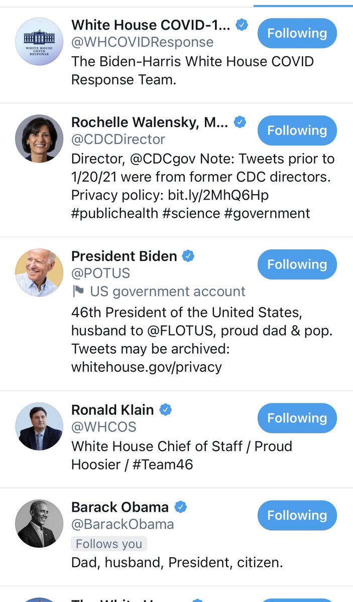 I’ve been looking at who the new  @whitehouse accounts follow & have concluded that  @TwitterGov has made a hash of how it’s labeling official US government accounts & campaign accounts.Some are labeled, some are  @verified, & some are neither.I’ll offer examples.
