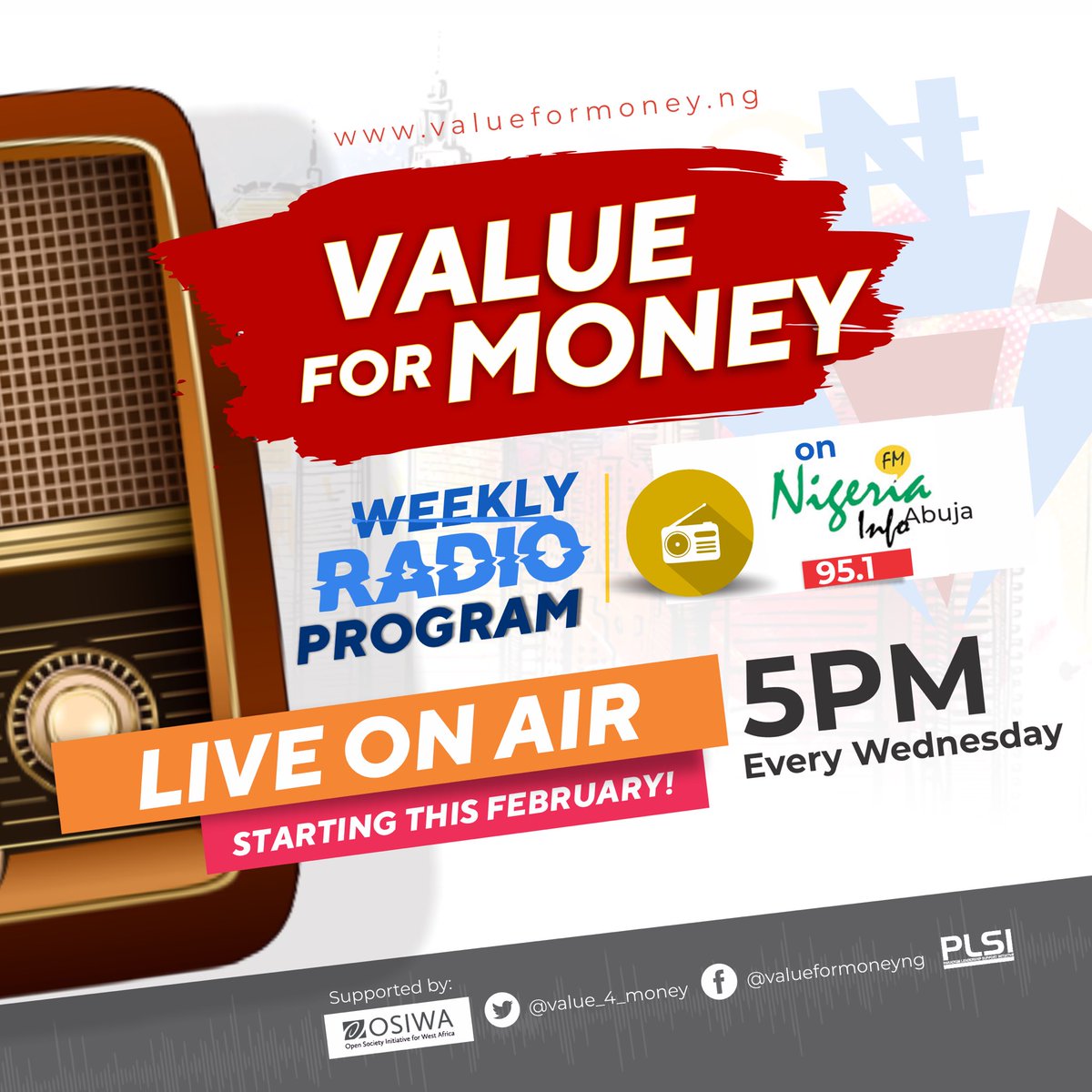 value_4_money's tweet photo. Our radio program supported by @OSIWA1 to increase citizens demand for improved delivery of services to underserved communities using #AuditData will start airing on @NigeriaInfoAbj this February. An opportunity to hold accountable those entrusted with public funds #ValueForMoney https://t.co/bcERdC3P5k