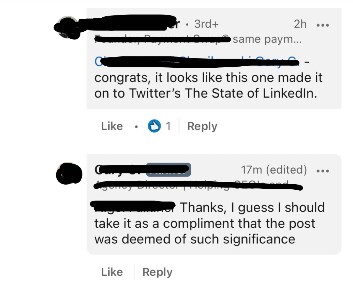 18jacksmith's tweet photo. @StateOfLinkedIn Not sure if his response is flippant sarcasm or continued lack of self-awareness 🤦🏻‍♂️ https://t.co/zt7EozOzGk