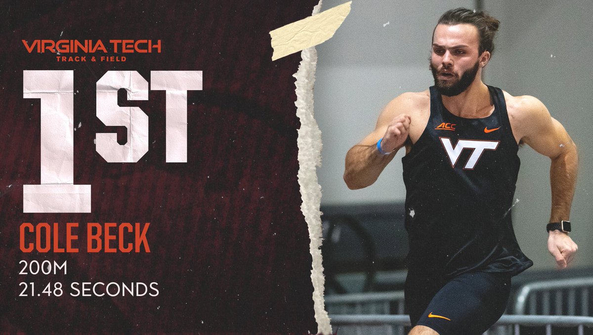 Men's 200m:

GOLD for Cole Beck! His time of 21.48 is top of the event ⚡️🥇

Here's how your other Hokies ran:

5. Mike Bell – 22.05
7. Matt Mitchell – 22.31
8. Keith Barbour – 22.52