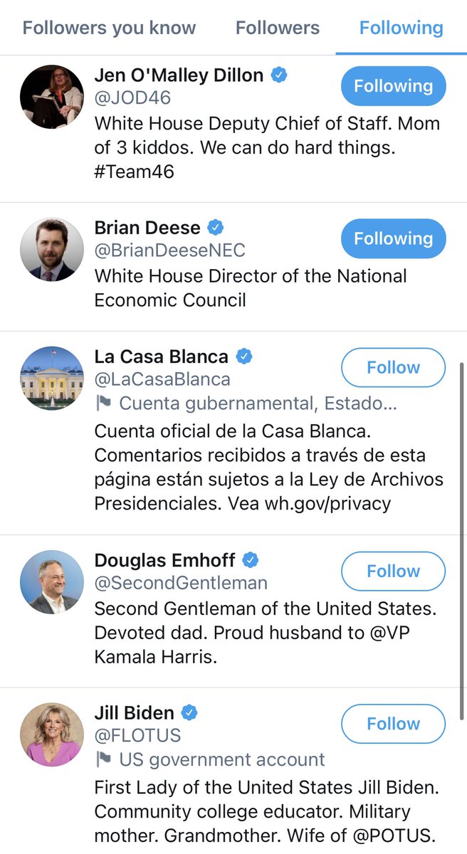The  @WHCOVIDResponse  @WHCOS  @AmbRice46  @JOD46 are all US government accounts, but are not labeled.  @LaCasaBlanca is.  @flotus has the label, but  @SecondGentleman does not. @usagov has a label, but  @usaid  @cbp  @stevefda do not.