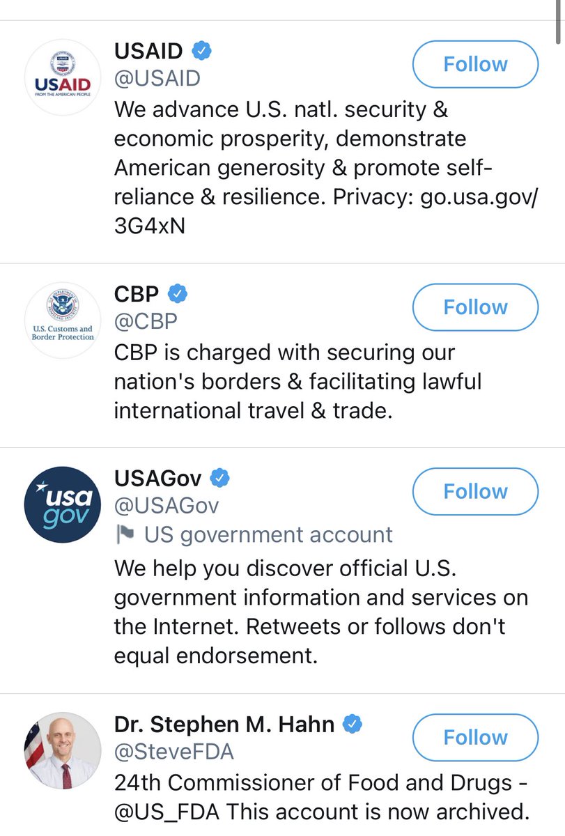 The  @WHCOVIDResponse  @WHCOS  @AmbRice46  @JOD46 are all US government accounts, but are not labeled.  @LaCasaBlanca is.  @flotus has the label, but  @SecondGentleman does not. @usagov has a label, but  @usaid  @cbp  @stevefda do not.