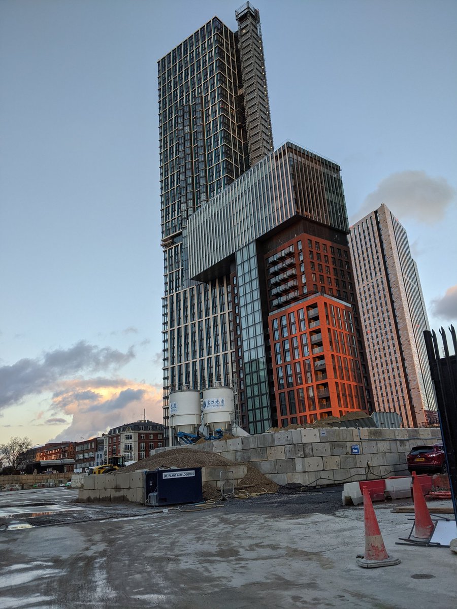 The KPF-designed DAMAC Tower (owned by the same outfit supplying villas and private parkland surrounding Donald Trump's golf course in Dubai) seen from the quiet construction site of Vauxhall Square...