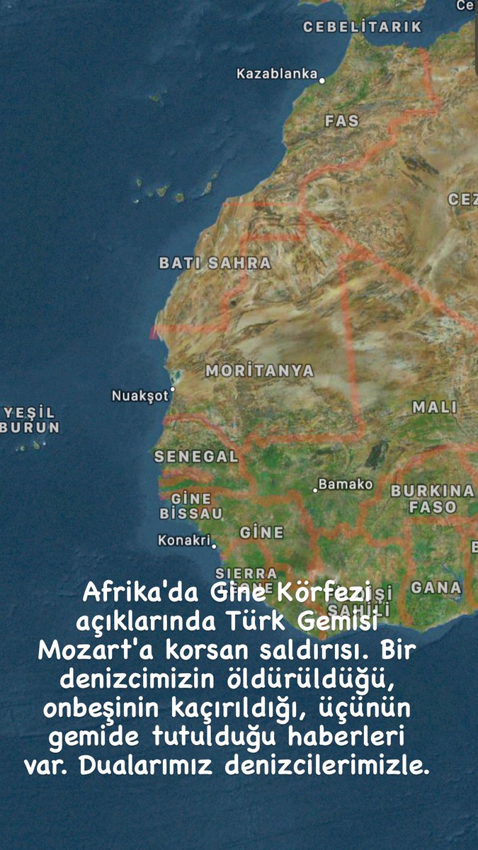 Afrika'da Gine Körfezi açıklarında Türk Gemisi Mozart'a korsan saldırısı. Bir denizcimizin öldürüldüğü, onbeşinin kaçırıldığı, üçünün gemide tutulduğu haberleri var. Dualarımız denizcilerimizle.