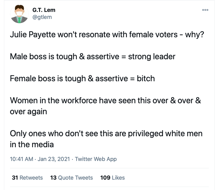 Short thread: This line of reasoning from Liberal partisans is insulting for a few reasons. First, what's been alleged about Payette by multiple people isn't toughness or assertiveness, but abusiveness.Yes, there is a difference, and yes, it is clear.  #cdnpoli