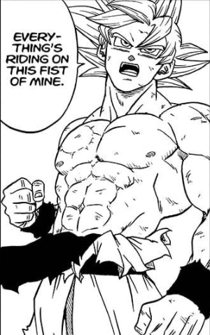 — He learns to hone it fully in the Moro Arc, and can use it at will permanently with no significant stamina drain. Like Completed Blue, this form has no aura. In the ToP, Goku’s body is slim like SSJG. In the Moro Arc, it is distinctly muscular like Power-Stressed Omen. —